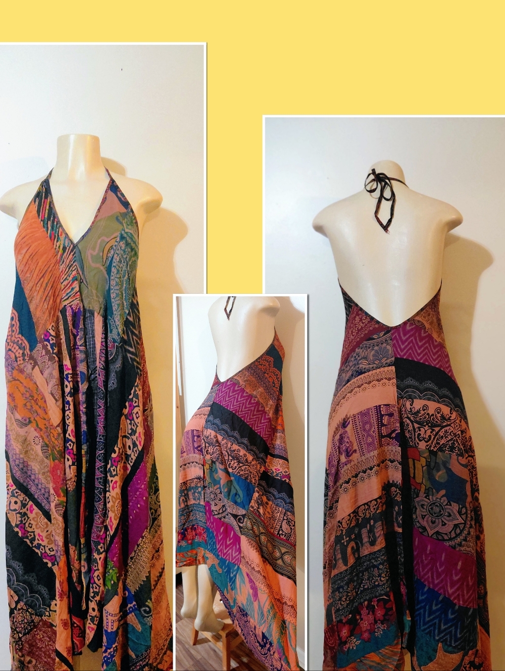 Bohemian Patchwork Halter Maxi Dress - Multi One Size